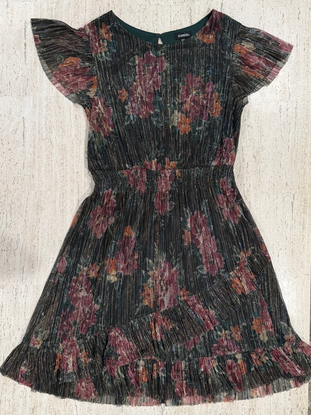 Zunie Girls Metallic Plissé Floral Ruffle Party Dress | Size 16